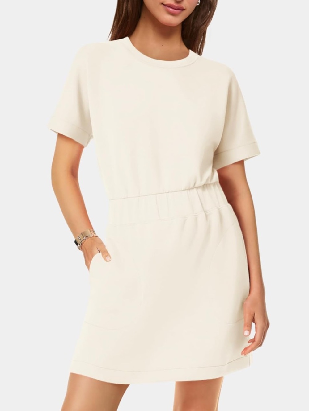 Cream Casual Short-Sleeve Cream Waist-Drawn Dress with pockets Size M